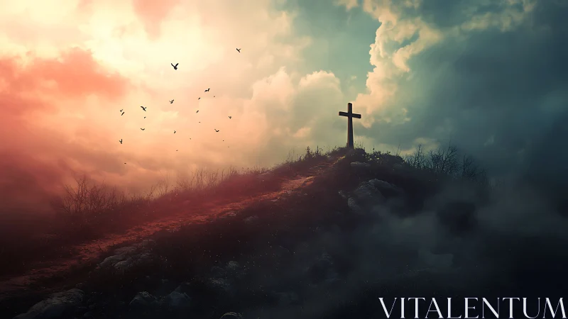Solitary hilltop cross illuminated by dramatic sunset sky.