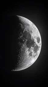 High-contrast lunar crescent in monochrome telescopic composition.
