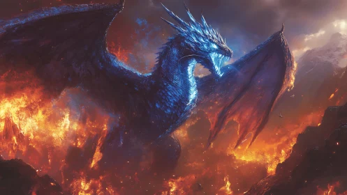 Sapphire inferno dragon rising over a blazing volcanic world.