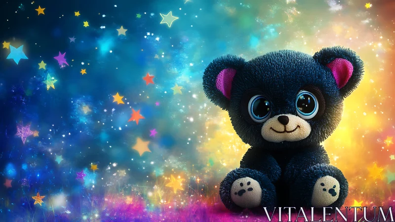 Plush navy teddy bear in luminous multicolor starfield bokeh