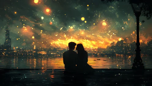 Silhouetted Couple Embracing Against Golden Cityscape Sunset.