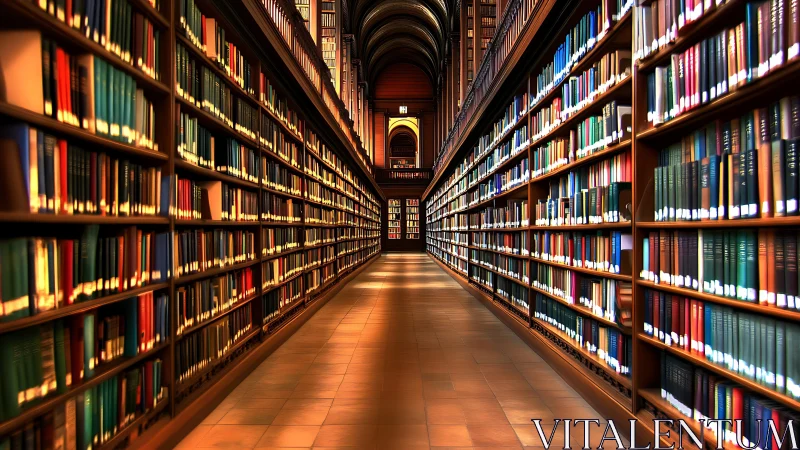 Symmetric library corridor with vaulted ceiling and warm lighting