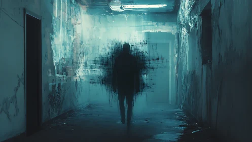 Shadow figure dissolves inside decayed neon hallway.