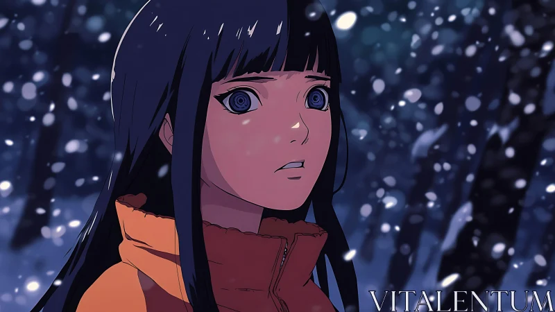Anime girl in snowfall gazes ahead with quiet concern.