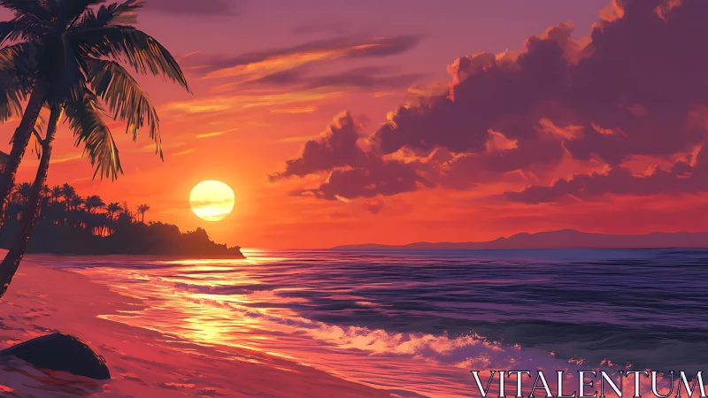 Vivid tropical beach sunset with palm trees and waves.
