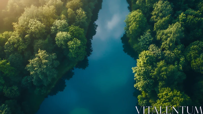 Sunlit forest river curves through dense green canopy.