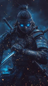Armored cyber samurai with glowing eyes readies dual katanas