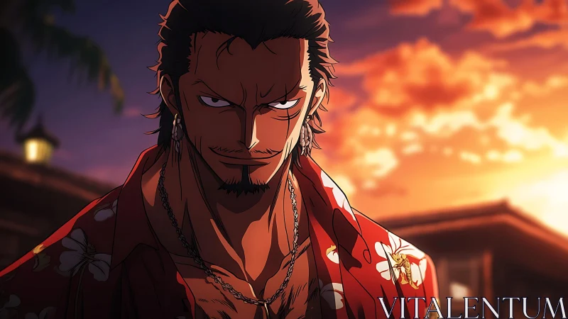 Intense anime gangster under tropical sunset sky.