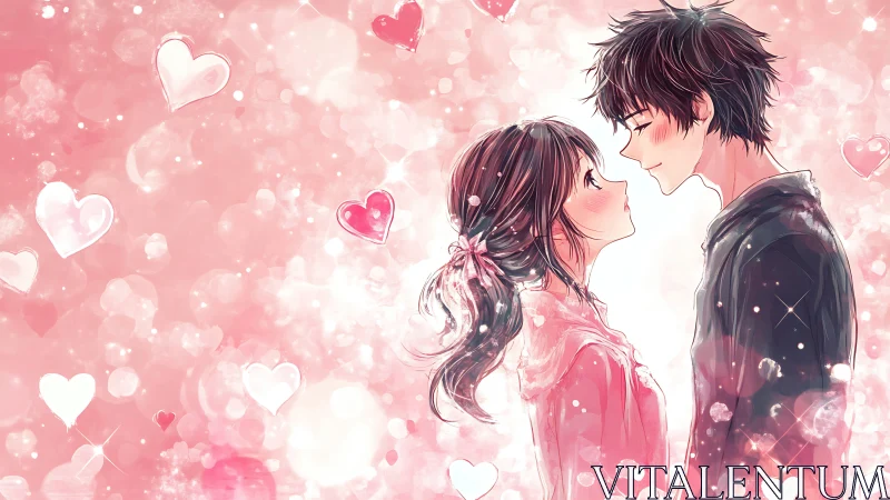 Romantic Anime Couple Portrait with Bokeh Heart Particles and Soft Pink Rendering