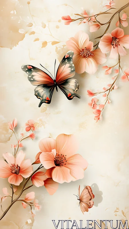 Butterflies drift over peach blossoms in soft watercolor light