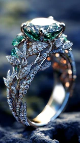 Ornate diamond and emerald ring glows in dramatic close-up