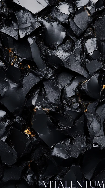 Dark fractured metallic surface with subtle amber glow.