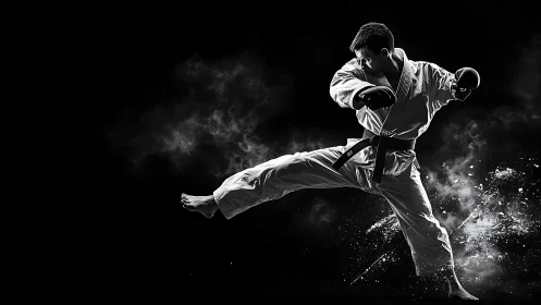 Karate fighter executes dynamic side kick in dark studio