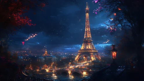 Eiffel Tower glows over nocturnal Paris under drifting lights