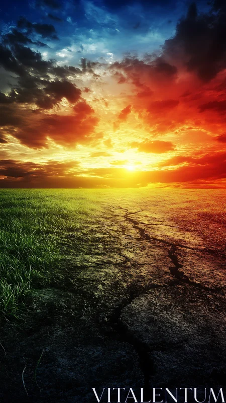 Digital painting of divided earthscape under prismatic sky.