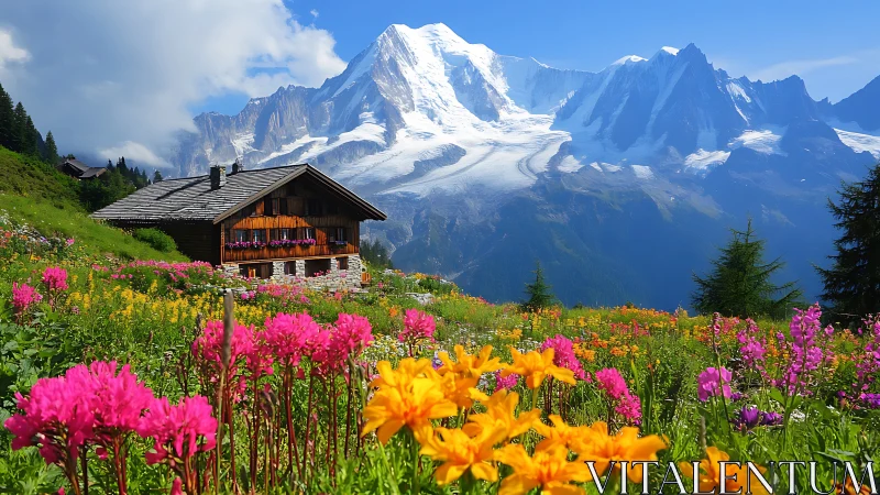 Wildflower chorus serenades a sunlit chalet below glaciers