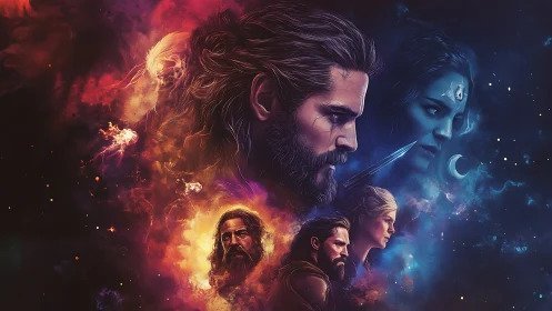 Stellar mythic portraits in dual-toned cosmic nebulae.