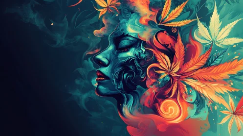Surreal female profile with swirling cannabis leaves.