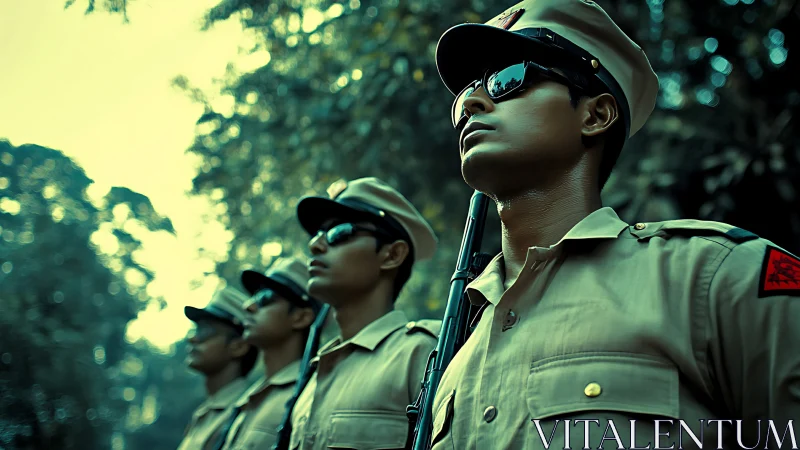 Calm strength in formation under a quiet forest canopy.