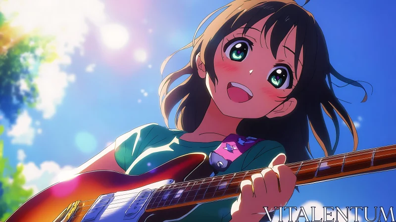 Animated guitarist plays outdoors under bright blue daylight sky