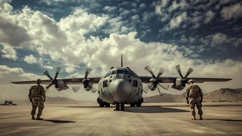 Photorealistic military transport aircraft on desert runway frontview.