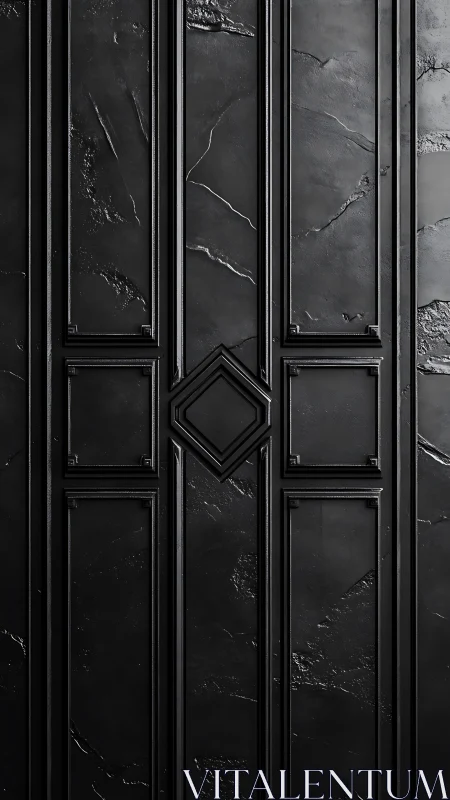 Textured black panel wall with geometric recessed moldings.