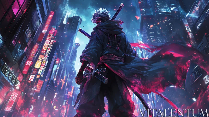 Neon-blade warrior confronting rainlit cyberpunk skyline.