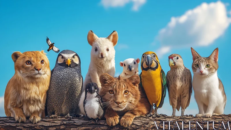 Composite Wildlife Assembly Against Graduated Blue Sky.