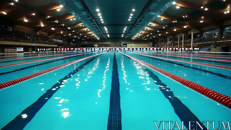 Indoor Olympic swimming pool with lanes and lighting.