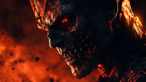 3D infernal cyborg skull profile with molten chiaroscuro lighting.