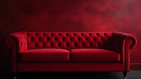 Crimson Chesterfield sofa brooding against velvety red wall.