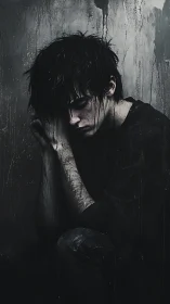 Solitary youth curls inward beneath a curtain of shadowed rain