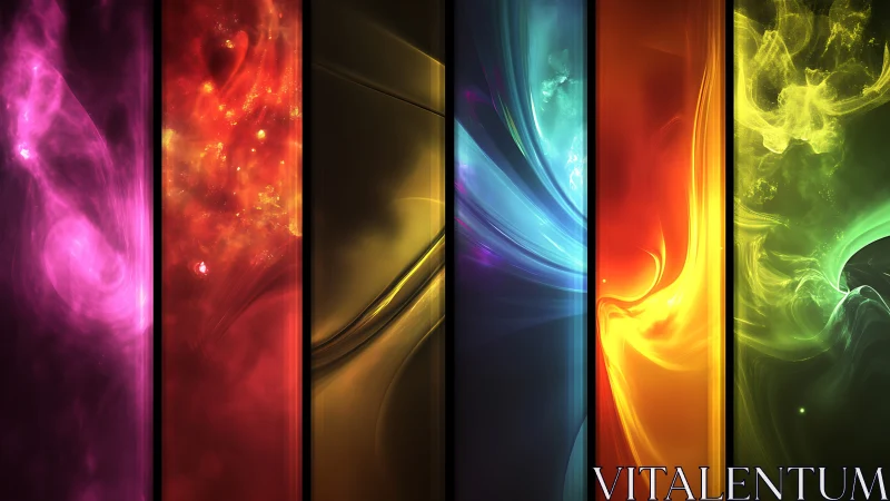 Chromatic energy ribbons in segmented abstract digital panel design.