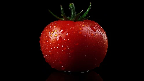 Single wet tomato rests on reflective surface against black