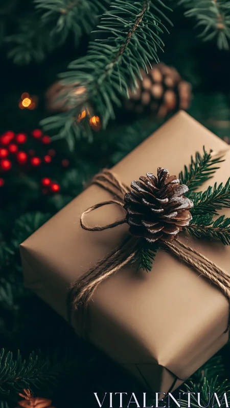 Rustic Christmas gift box under evergreen holiday tree.