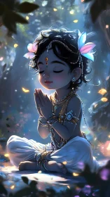 Divine child in prayer pose under glowing forest light.