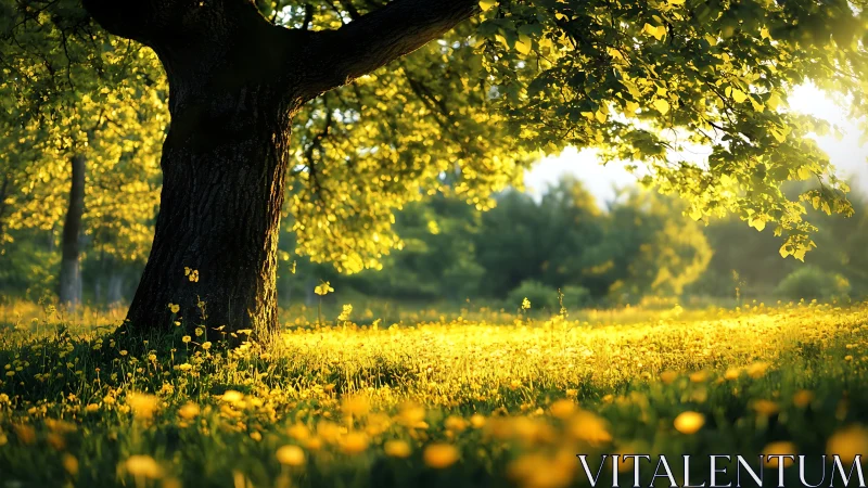 Golden meadow hush beneath a storytelling tree trunk.