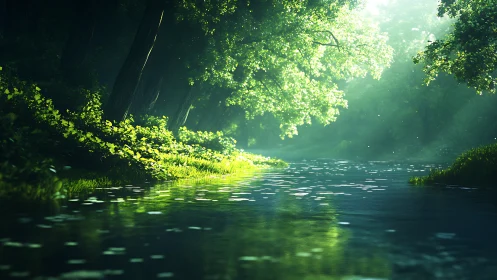 Sunlit forest river offering a quiet, soothing escape.