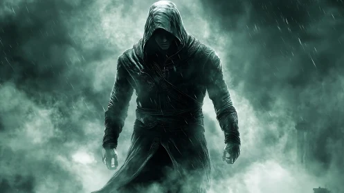 Hooded rogue strides through stormy fog in eerie silence