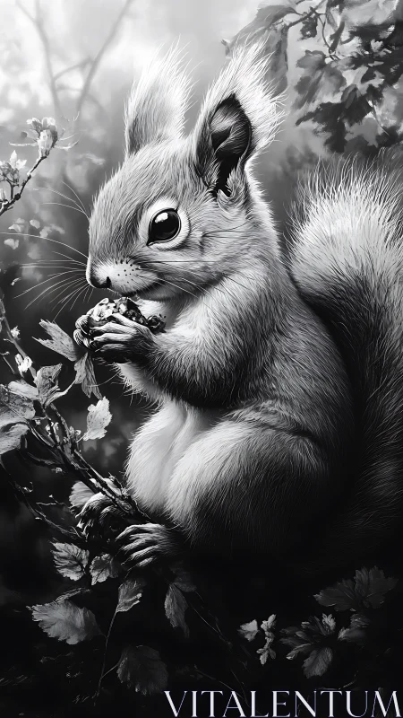Squirrel sits on forest branch and eats food in monochrome art