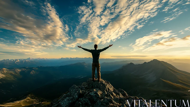 Backlit hiker on rocky summit observing expansive alpine ridge