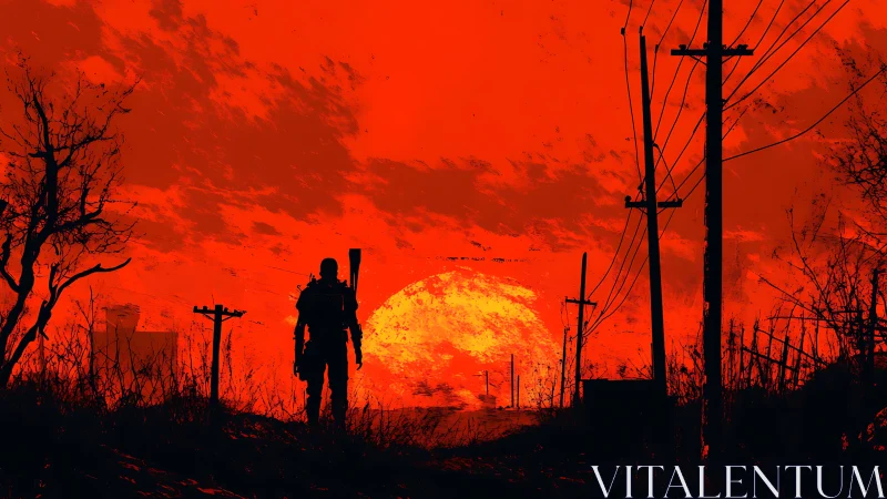 Lone wasteland wanderer silhouettes against burning sunset sky