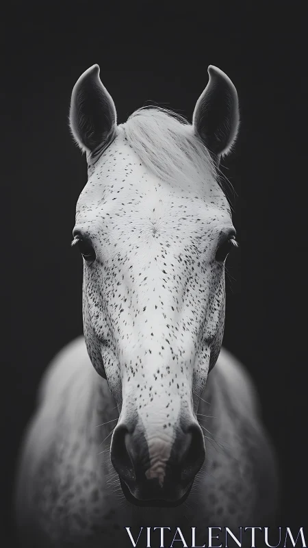 Spotted white horse stares calmly against deep black void.
