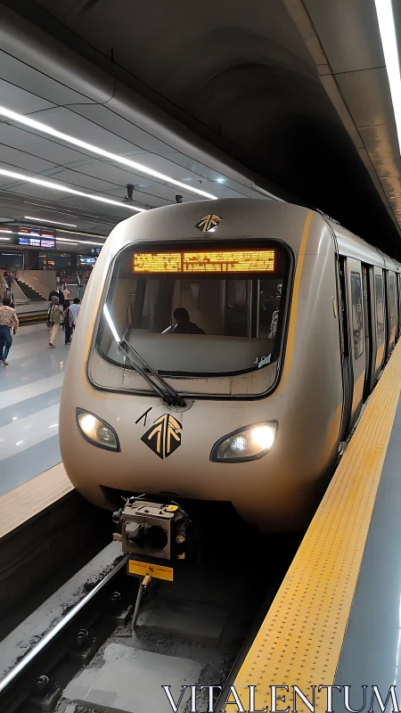 Modern metro train at underground platform, front view.