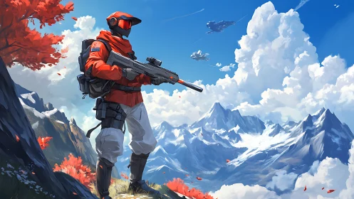 Combat Operator in Alpine Terrain: Sci-Fi Illustration.