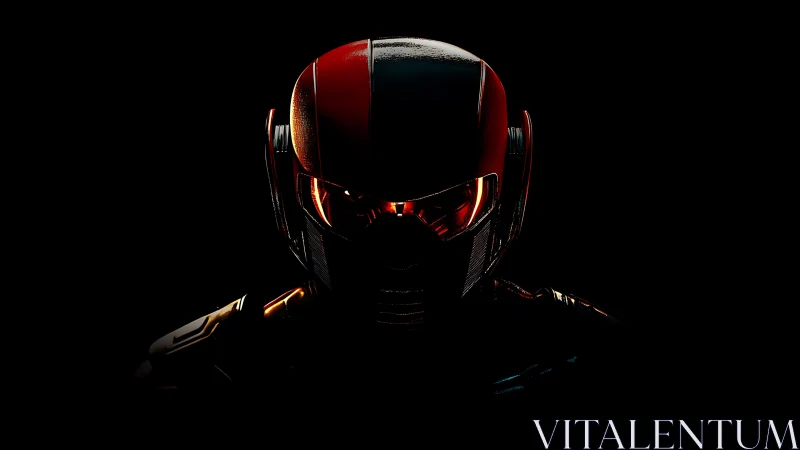 Midnight sentinel cyborg glows with razor red resolve.