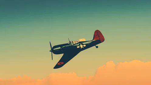 Vintage warbird silhouette over stylized sunset clouds.