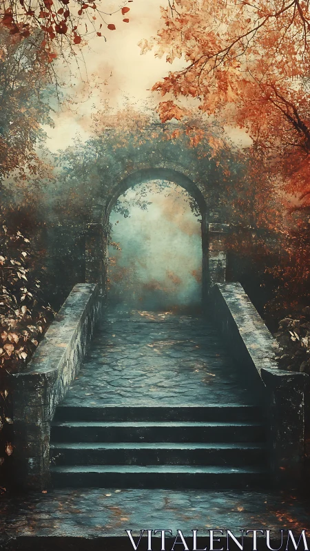 Stone stairway leads to misty archway in autumn forest