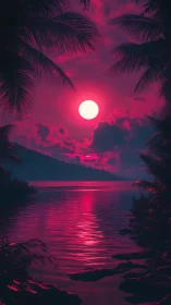 Neon-tinted tropical lagoon under high-contrast synthetic moon