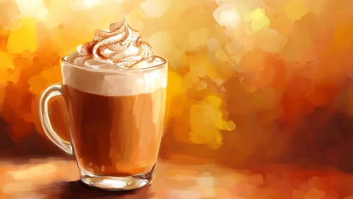 Whipped autumn latte glowing in honeyed brushstroke light.